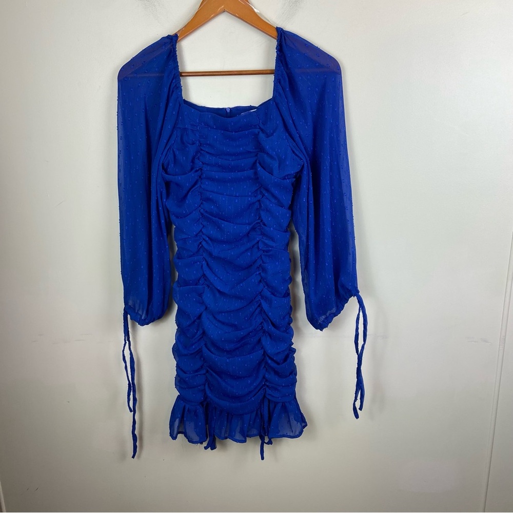 Rare Editions Cobalt Blue Ruched Square Neck Sheer Sleeve Formal‎ Dress Size 16